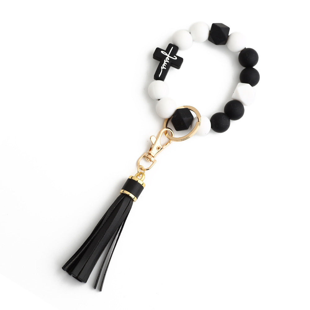 Cross Charm Silicone Bead Wristlet Keychain - Black