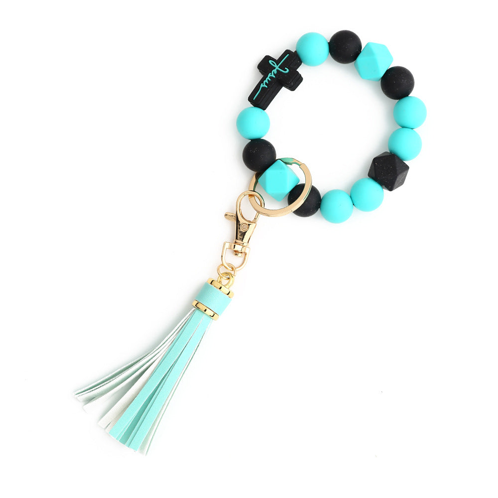 Cross Charm Silicone Bead Wristlet Keychain - Blackblue