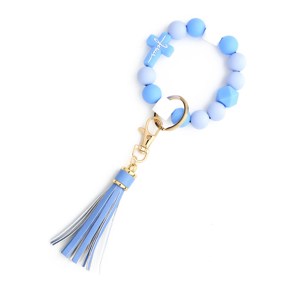 Cross Charm Silicone Bead Wristlet Keychain - Blue