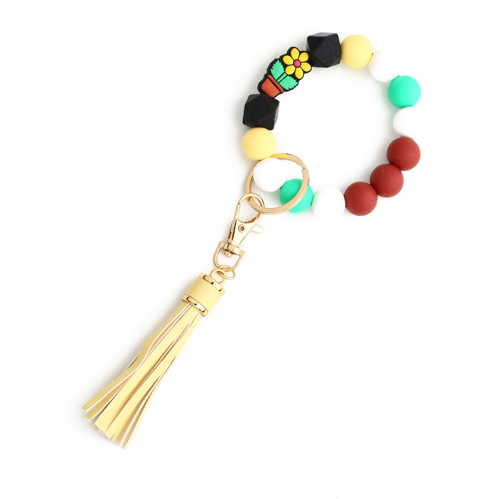 Cross Charm Silicone Bead Wristlet Keychain - Flower