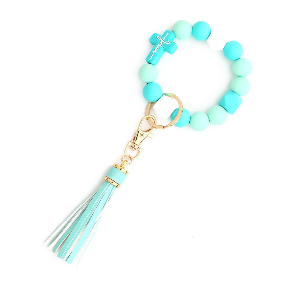 Cross Charm Silicone Bead Wristlet Keychain - Mintgreen