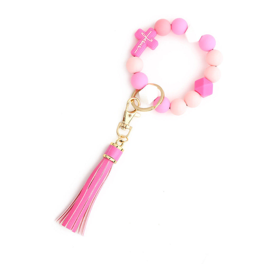 Cross Charm Silicone Bead Wristlet Keychain - Pink