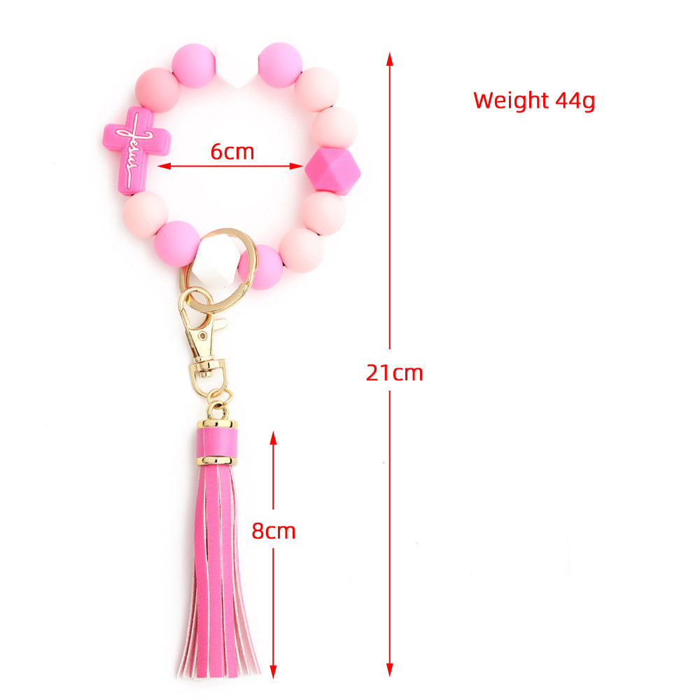 Cross Charm Silicone Bead Wristlet Keychain - Pink - 1