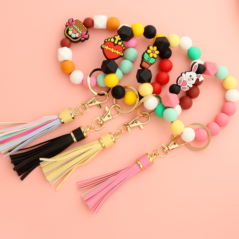 Cross Charm Silicone Bead Wristlet Keychain - Pink - 2
