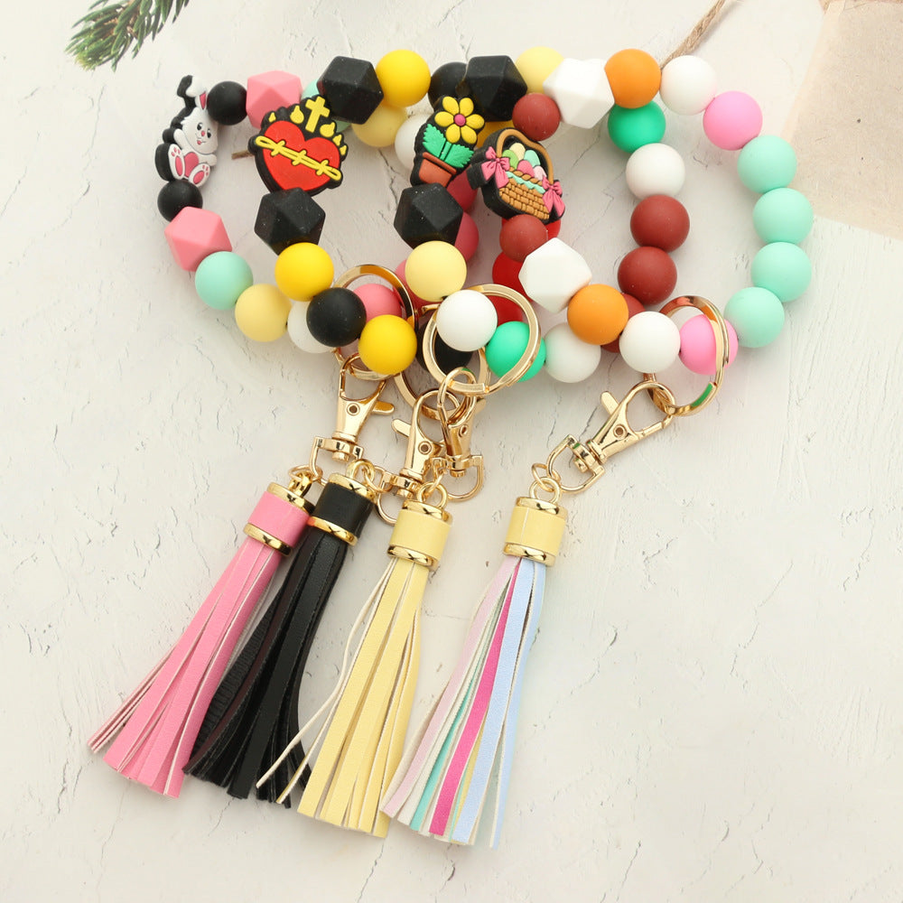 Cross Charm Silicone Bead Wristlet Keychain - Pink - 3