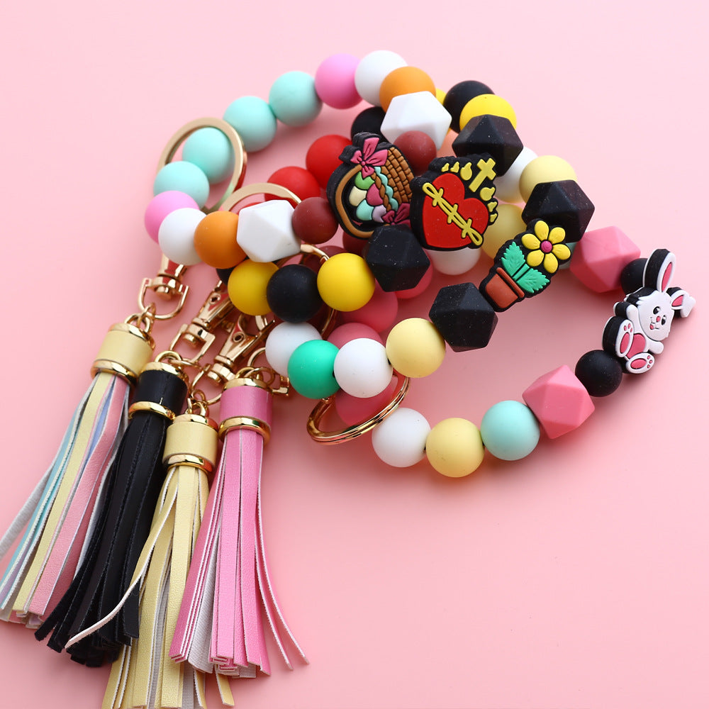 Cross Charm Silicone Bead Wristlet Keychain - Pink - 4