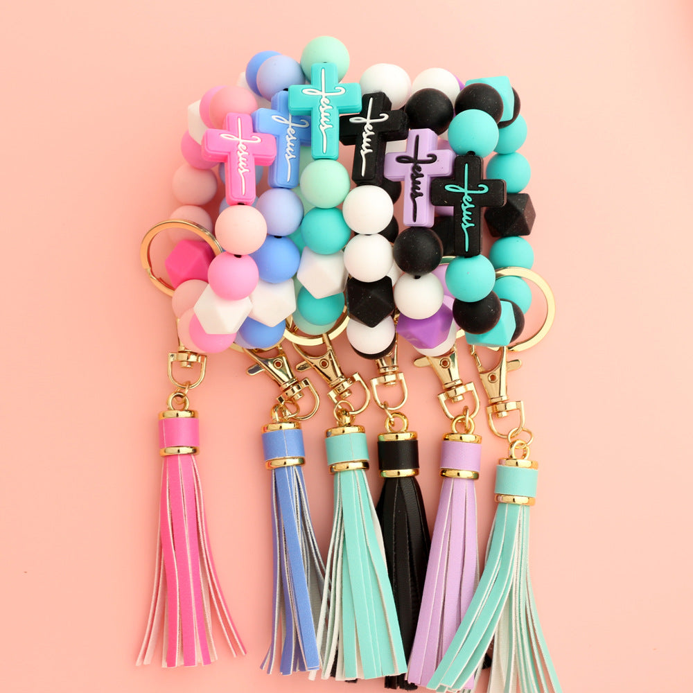 Cross Charm Silicone Bead Wristlet Keychain - view 1