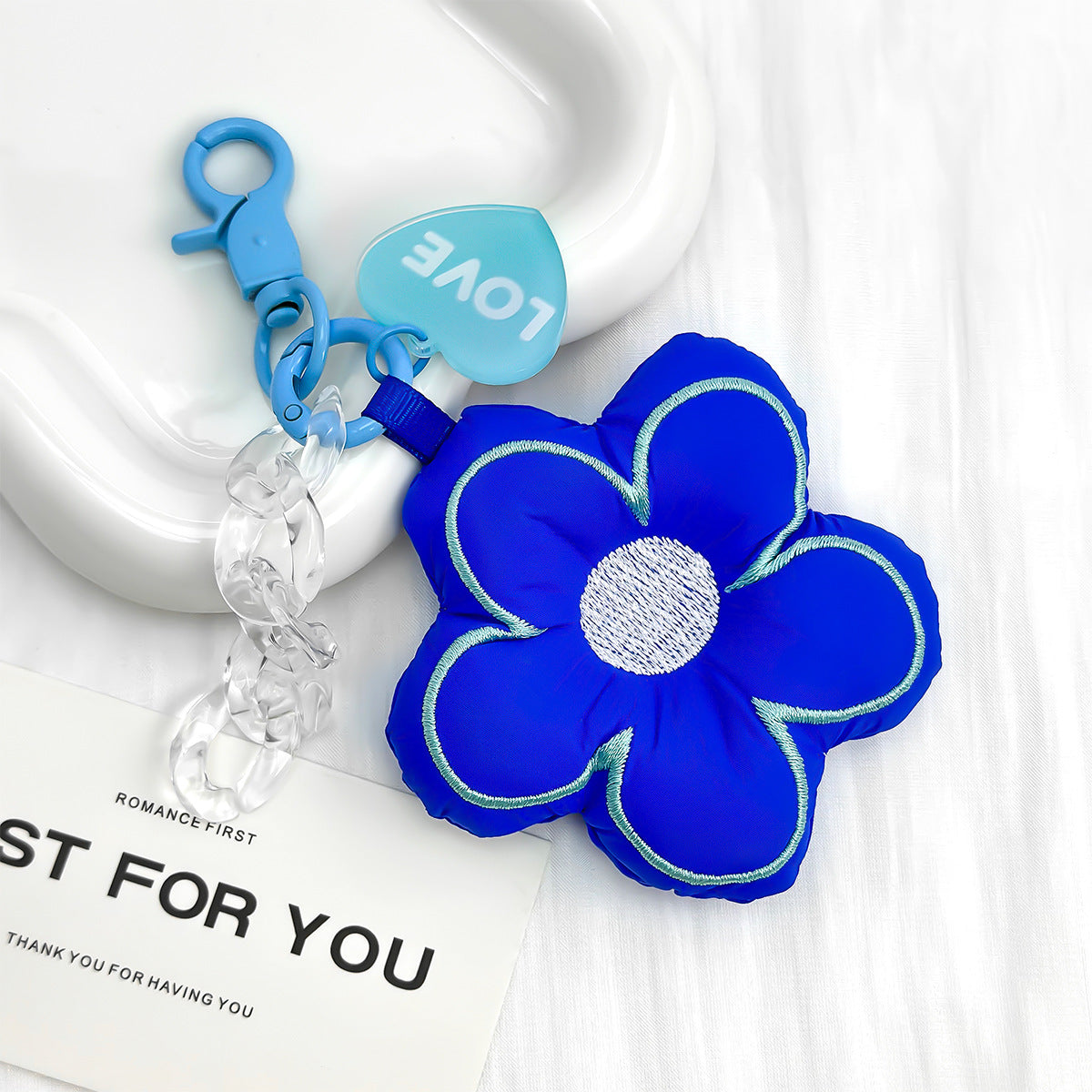 Puffy Flower Plush Bag Charm Keychain - Blue