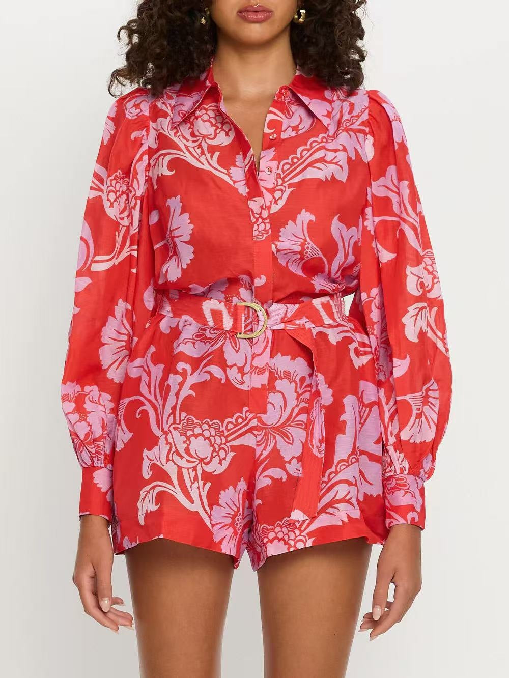 Bold Floral Balloon Sleeve Collared Romper - Red
