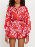 Bold Floral Balloon Sleeve Collared Romper - Red