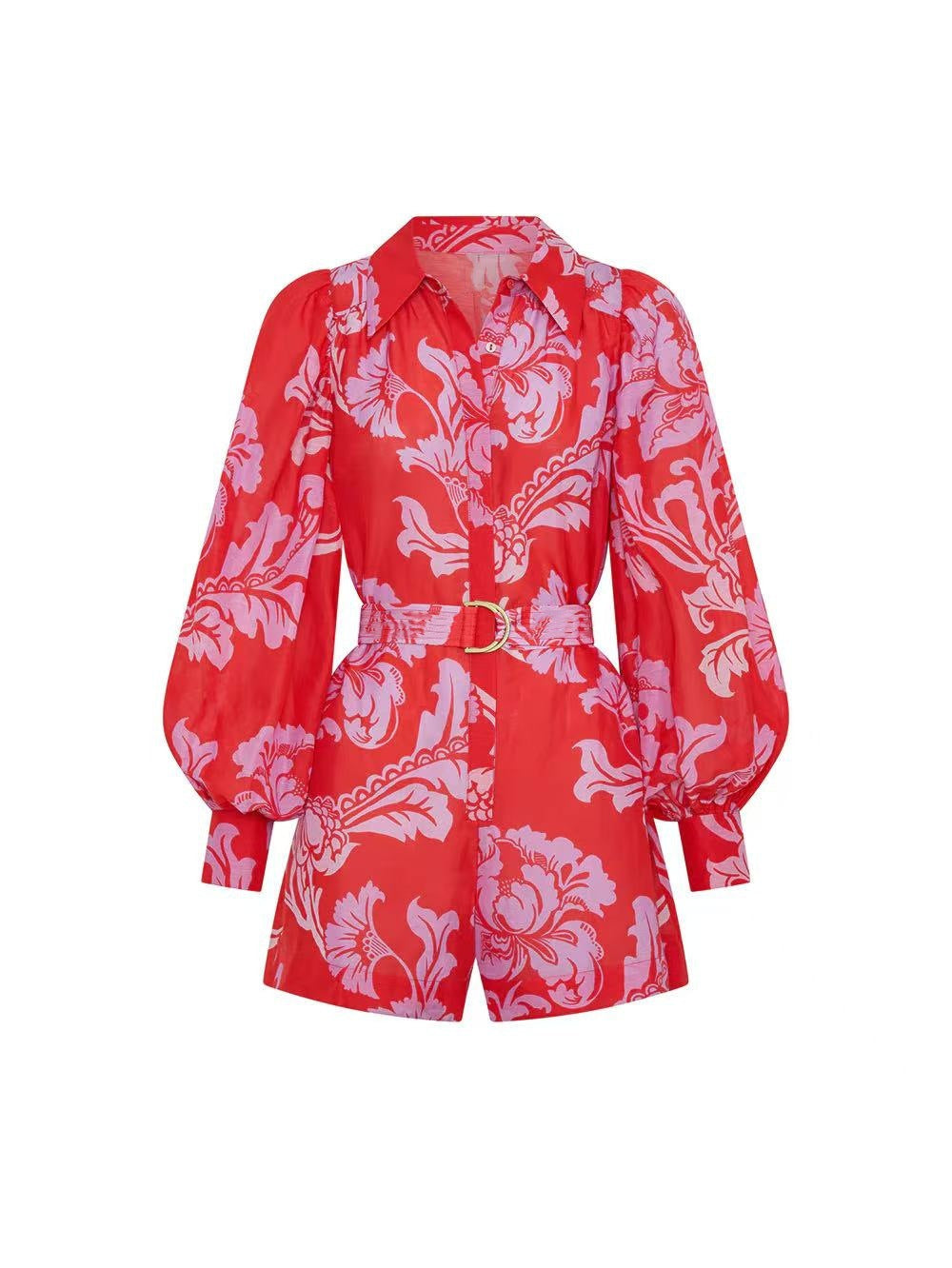 Bold Floral Balloon Sleeve Collared Romper