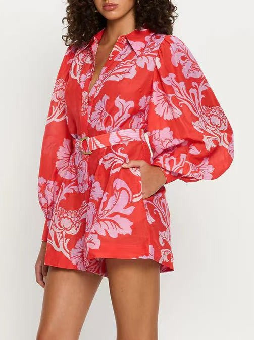 Bold Floral Balloon Sleeve Collared Romper - view 1