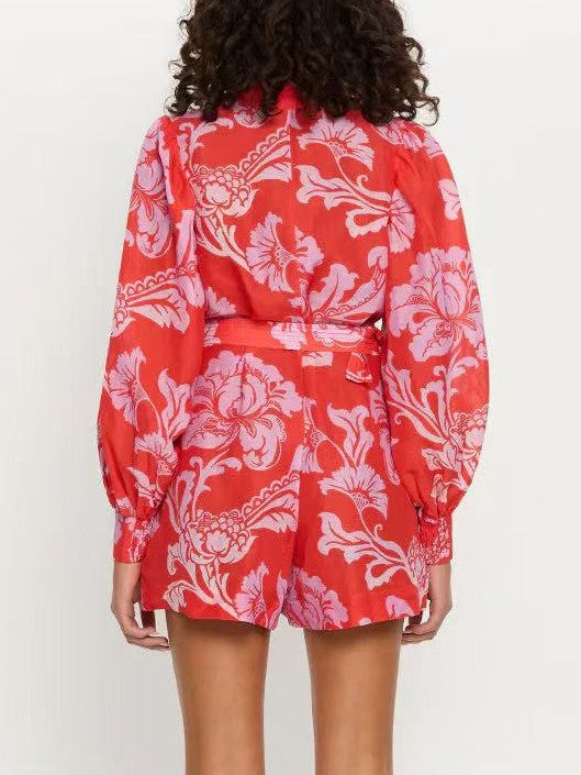 Bold Floral Balloon Sleeve Collared Romper - view 2