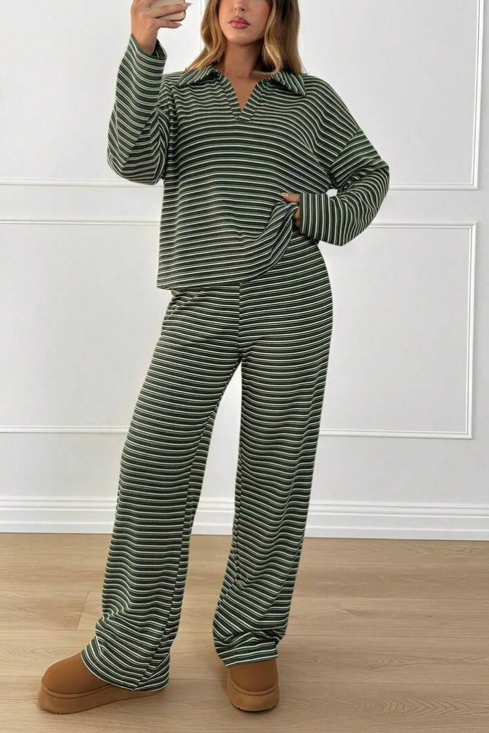 Striped Johnny Collar Pullover Wide Leg Pant Set - DarkGreen