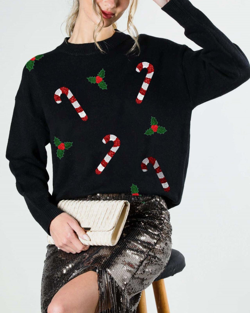 Candy Cane Embroidered Holiday Knit Sweater - Black