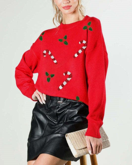 Candy Cane Embroidered Holiday Knit Sweater - Red
