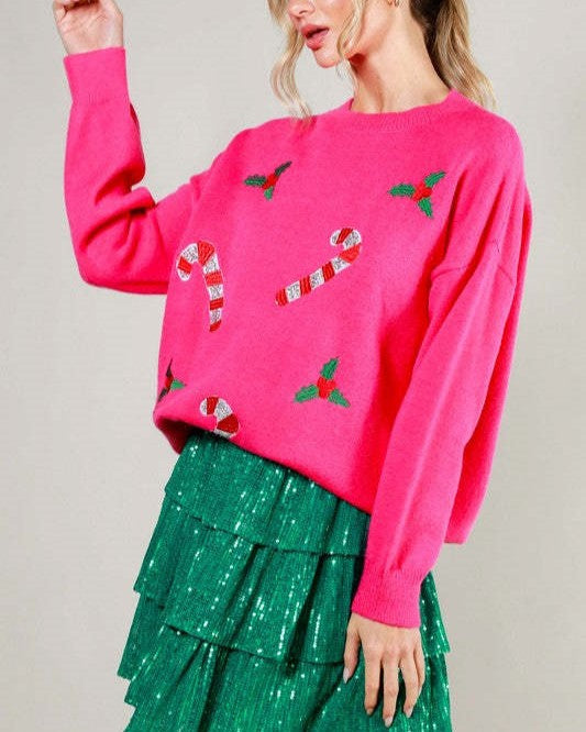 Candy Cane Embroidered Holiday Knit Sweater - RoseRed