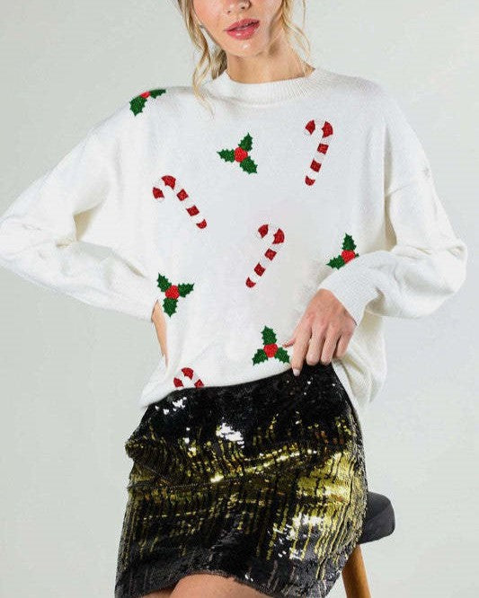 Candy Cane Embroidered Holiday Knit Sweater - White