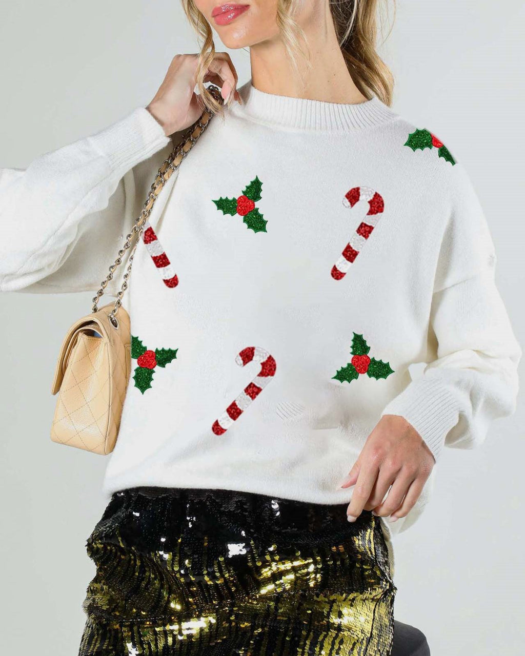Candy Cane Embroidered Holiday Knit Sweater - White - 1