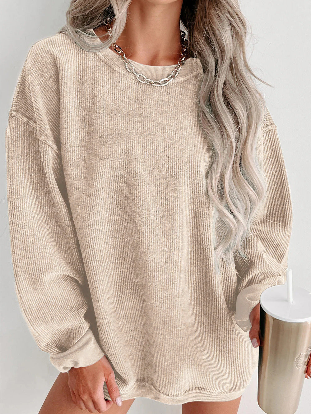 Oversized Corded Drop Shoulder Crewneck Sweatshirt - Apricot