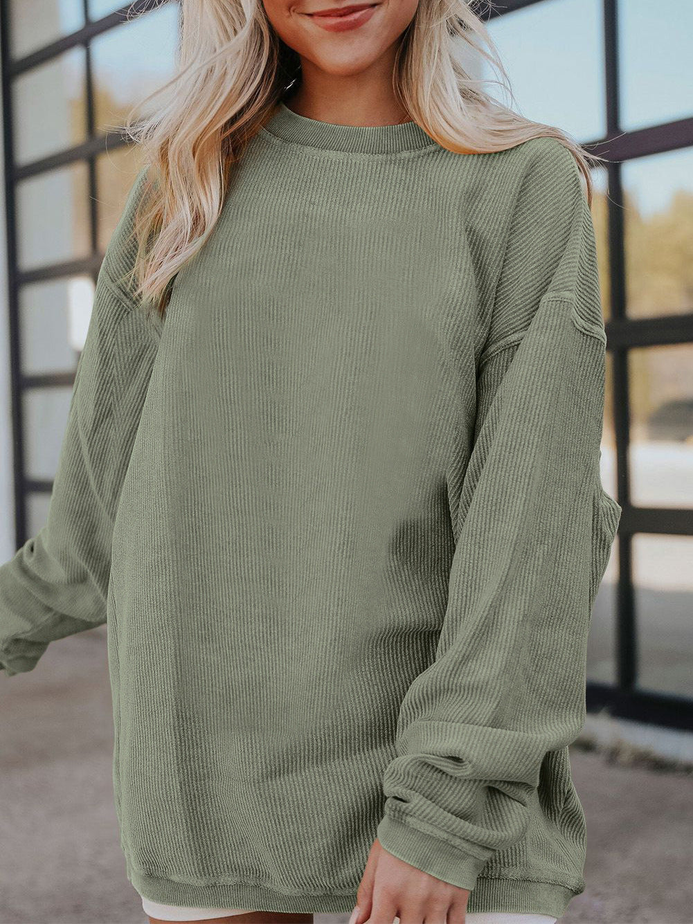 Oversized Corded Drop Shoulder Crewneck Sweatshirt - Green