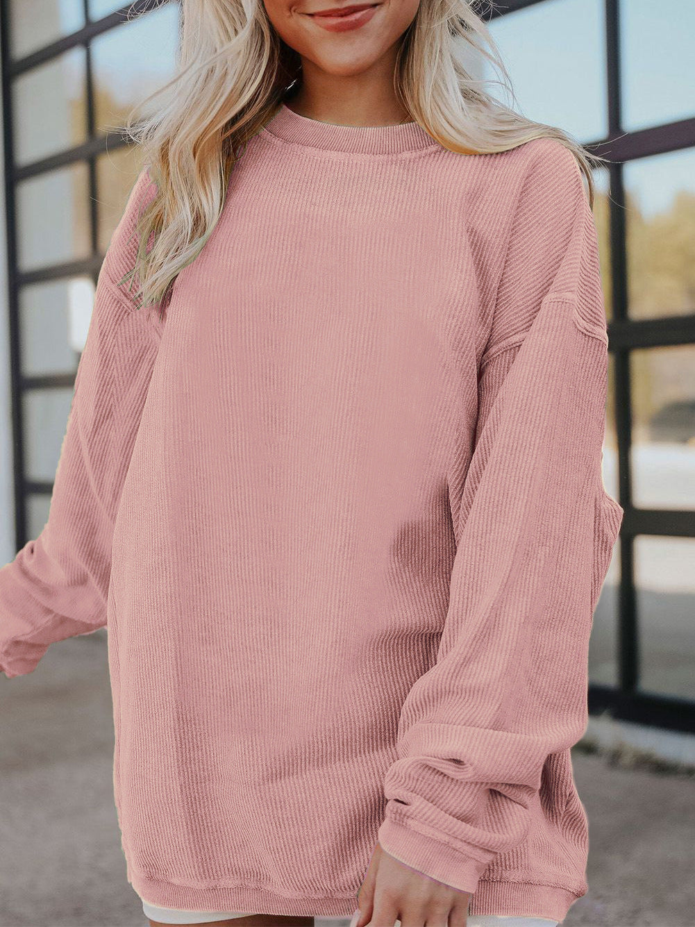 Oversized Corded Drop Shoulder Crewneck Sweatshirt - Pink