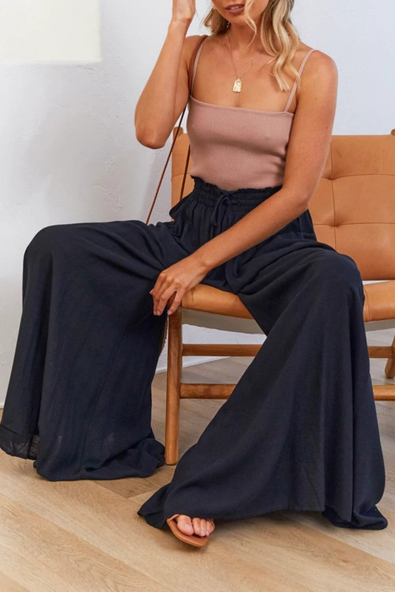 Paperbag Waist Wide Leg Flowy Trousers - Black - 2