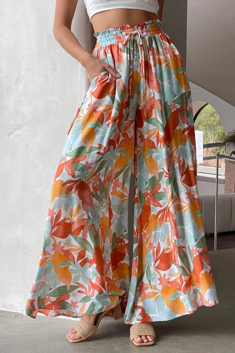 Paperbag Waist Wide Leg Flowy Trousers - Multi - 1