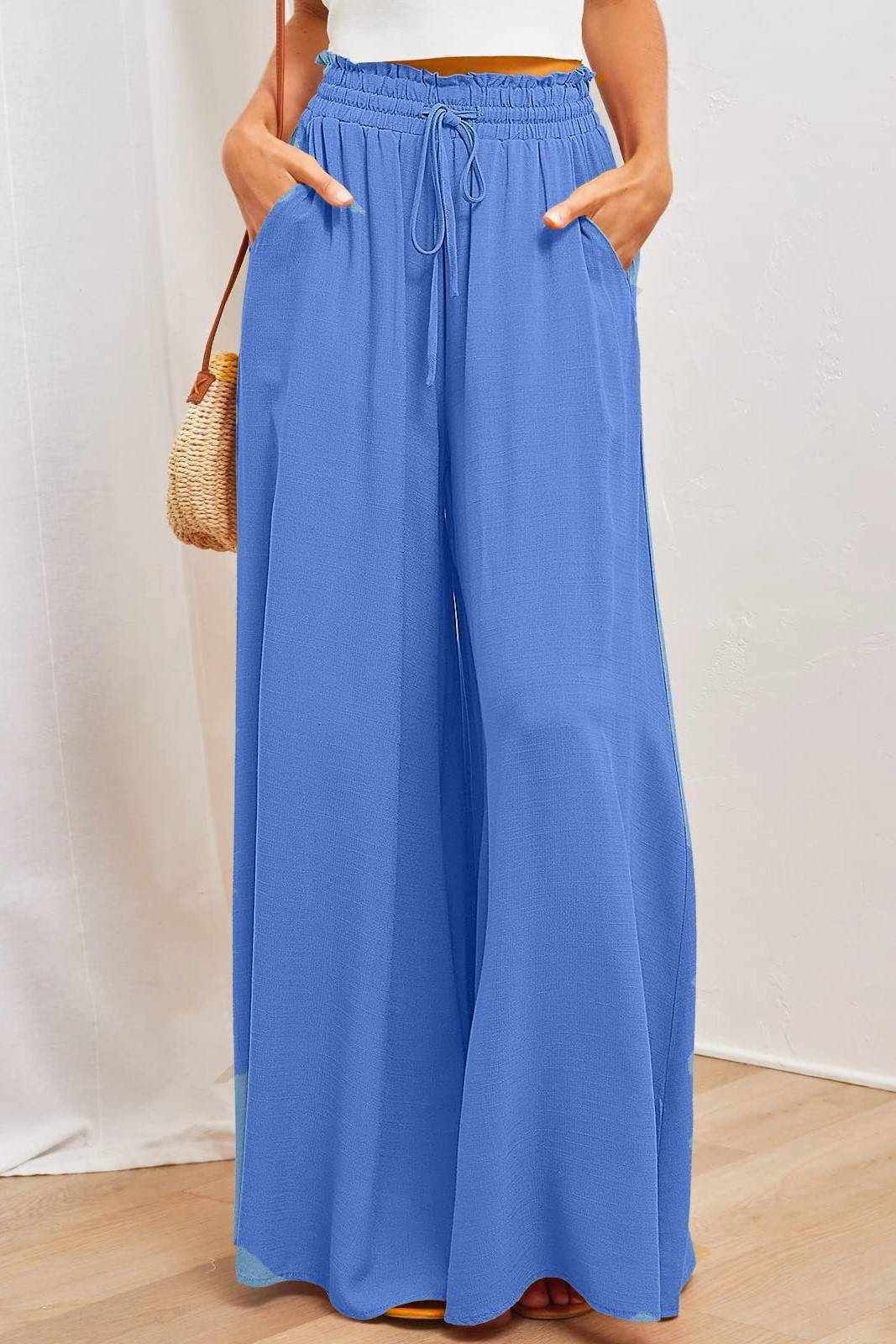 Paperbag Waist Wide Leg Flowy Trousers - Sky - 1