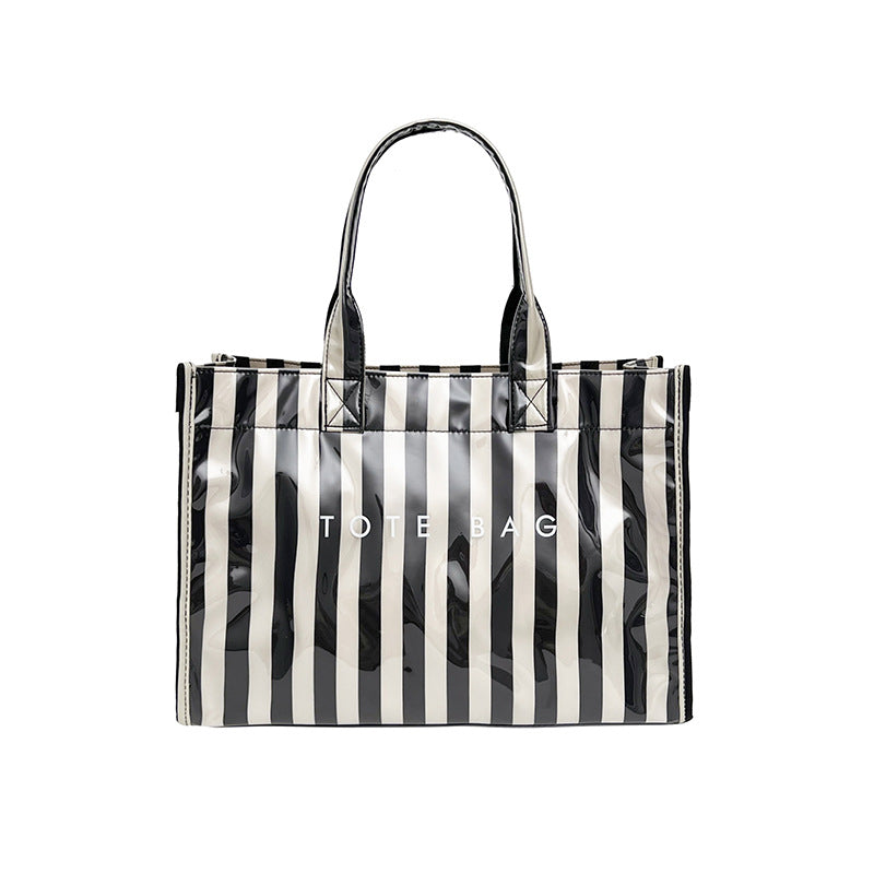 Candy Stripe Vinyl Beach Tote Bag - Black