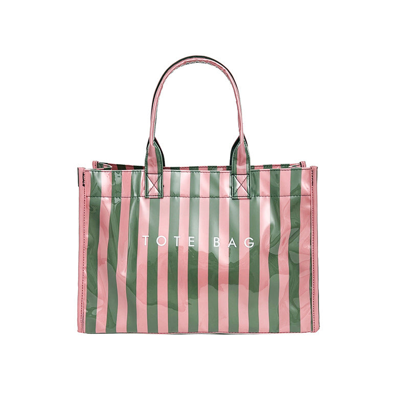 Candy Stripe Vinyl Beach Tote Bag - Green