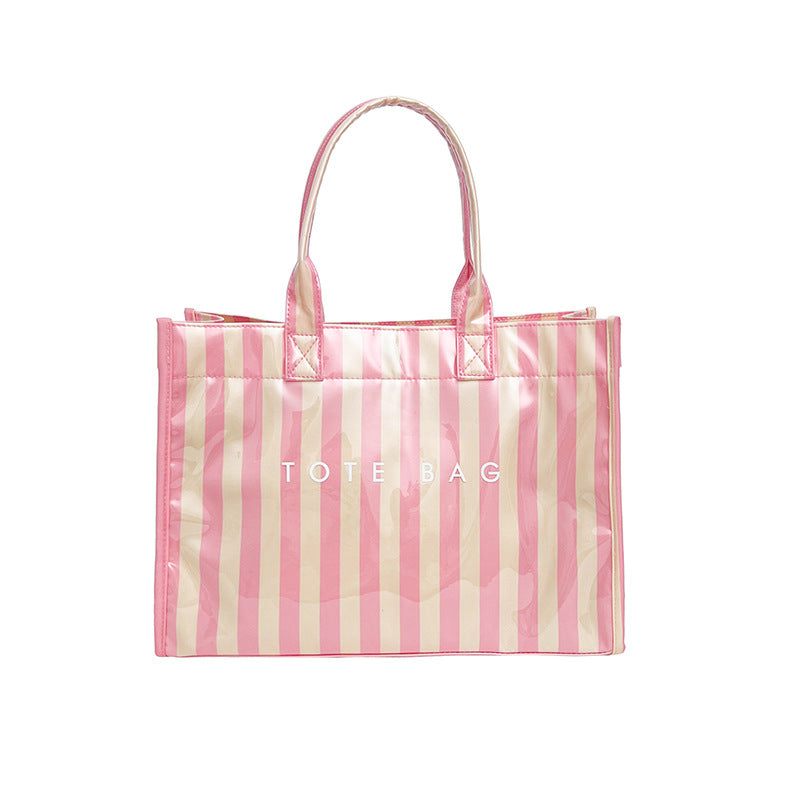 Candy Stripe Vinyl Beach Tote Bag - Pink