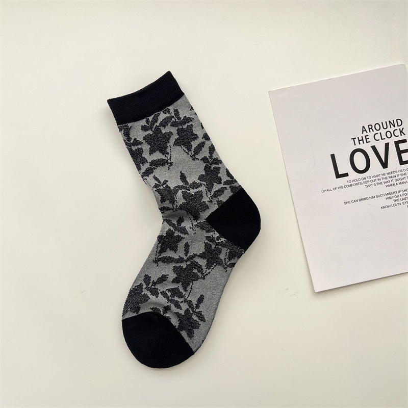 Sheer Botanical Rose Jacquard Socks - Black