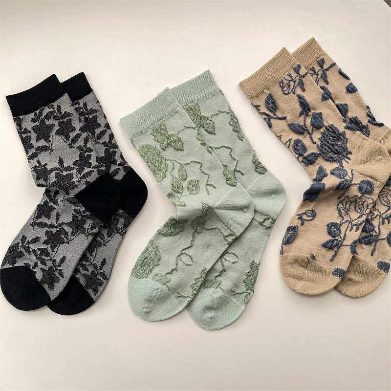 Sheer Botanical Rose Jacquard Socks - Green