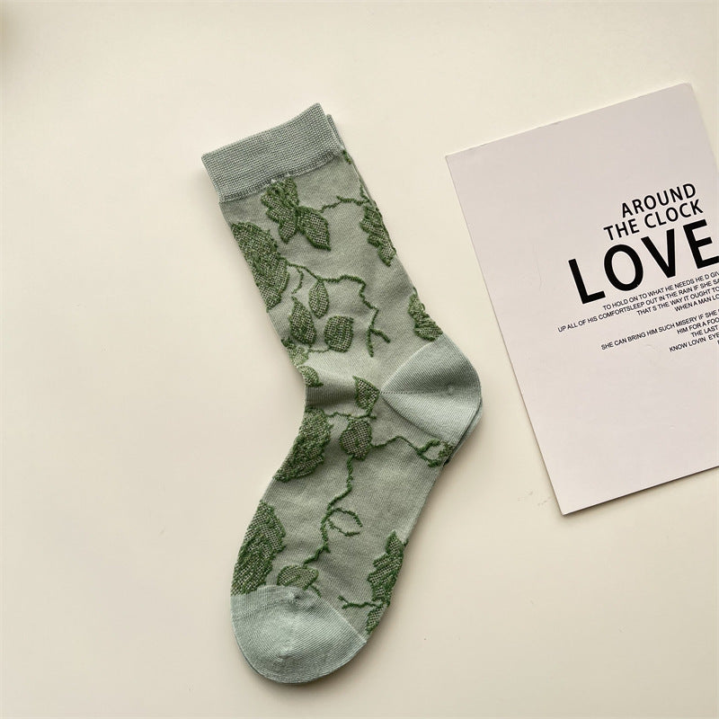 Sheer Botanical Rose Jacquard Socks - Green - 1