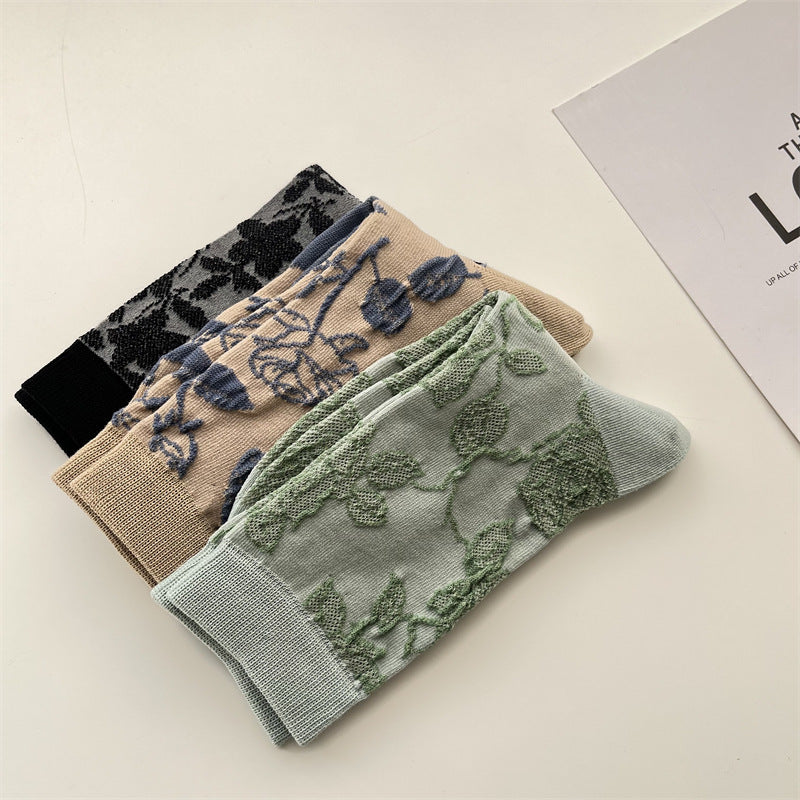 Sheer Botanical Rose Jacquard Socks - Green - 2
