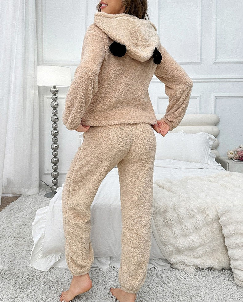 Panda Ear Hoodie And Joggers Sleep Set - Khaki - 1