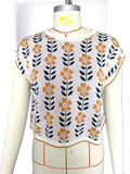 Retro Floral Jacquard Cap Sleeve Knit Top - Beige