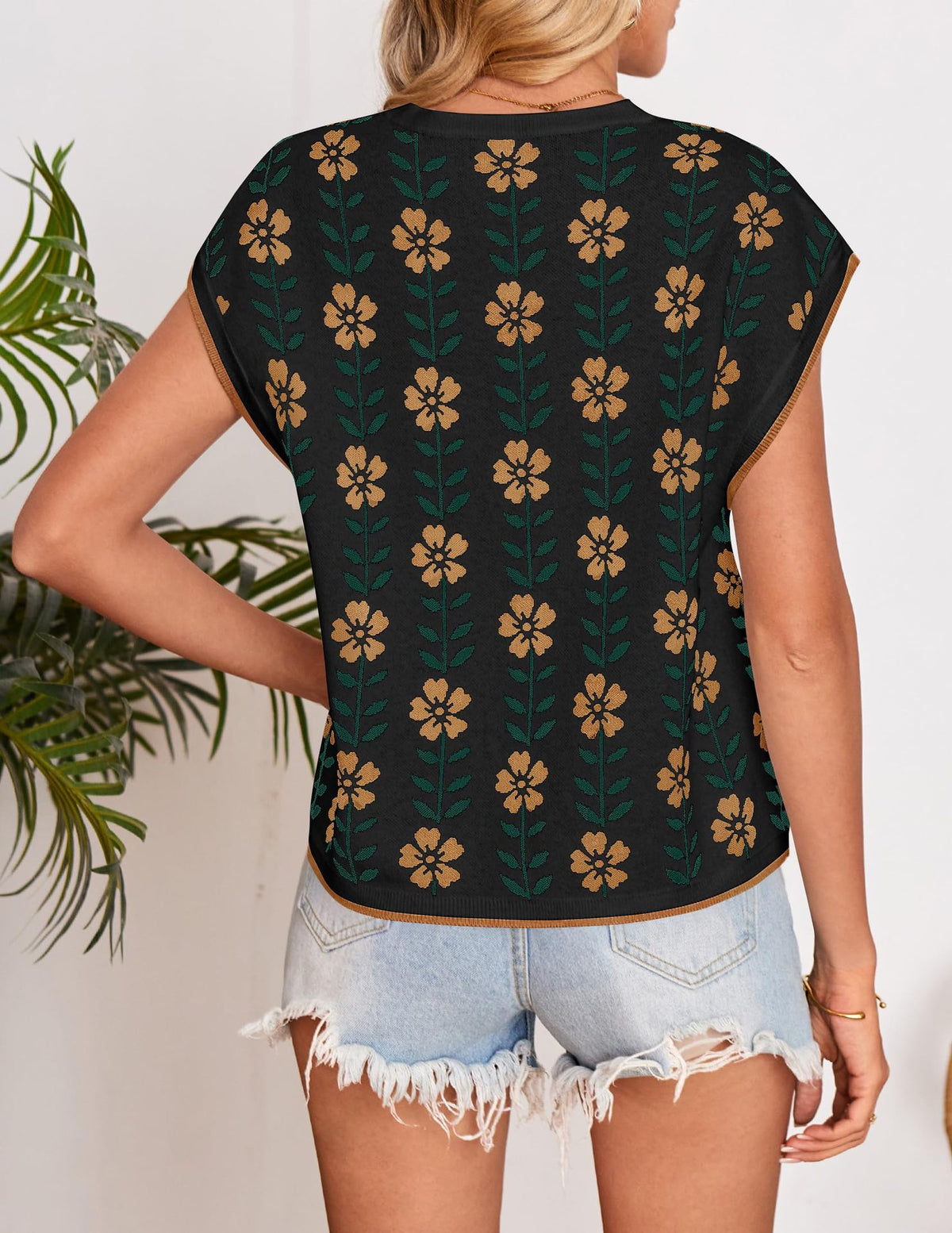 Retro Floral Jacquard Cap Sleeve Knit Top - Black - 1
