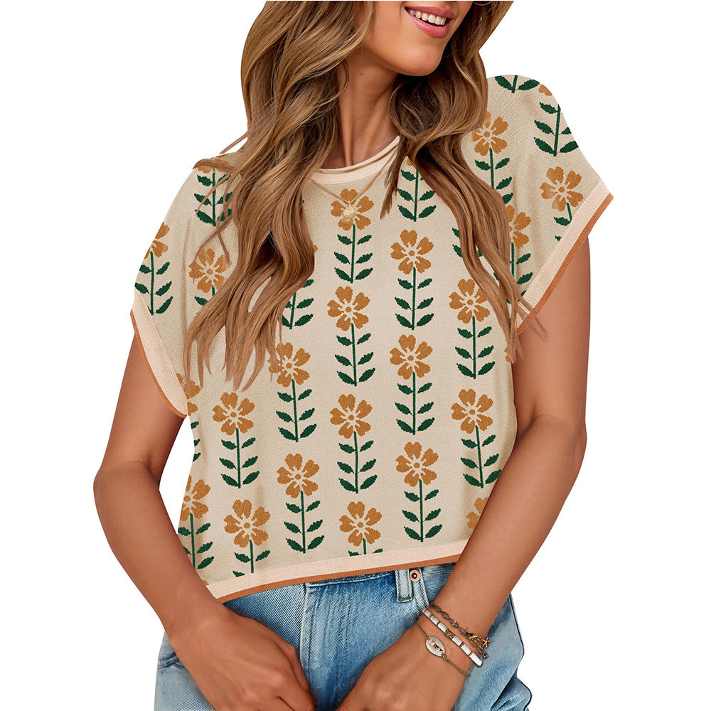 Retro Floral Jacquard Cap Sleeve Knit Top - Khaki