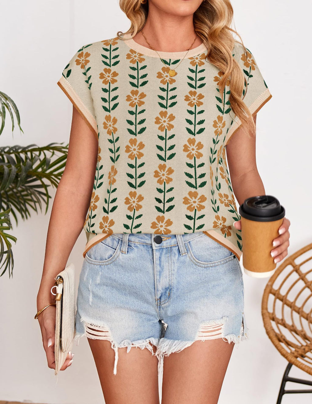Retro Floral Jacquard Cap Sleeve Knit Top - Khaki - 1