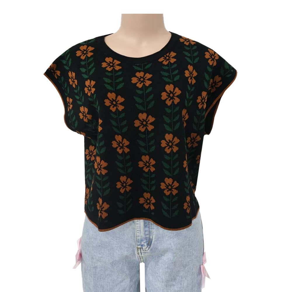 Retro Floral Jacquard Cap Sleeve Knit Top