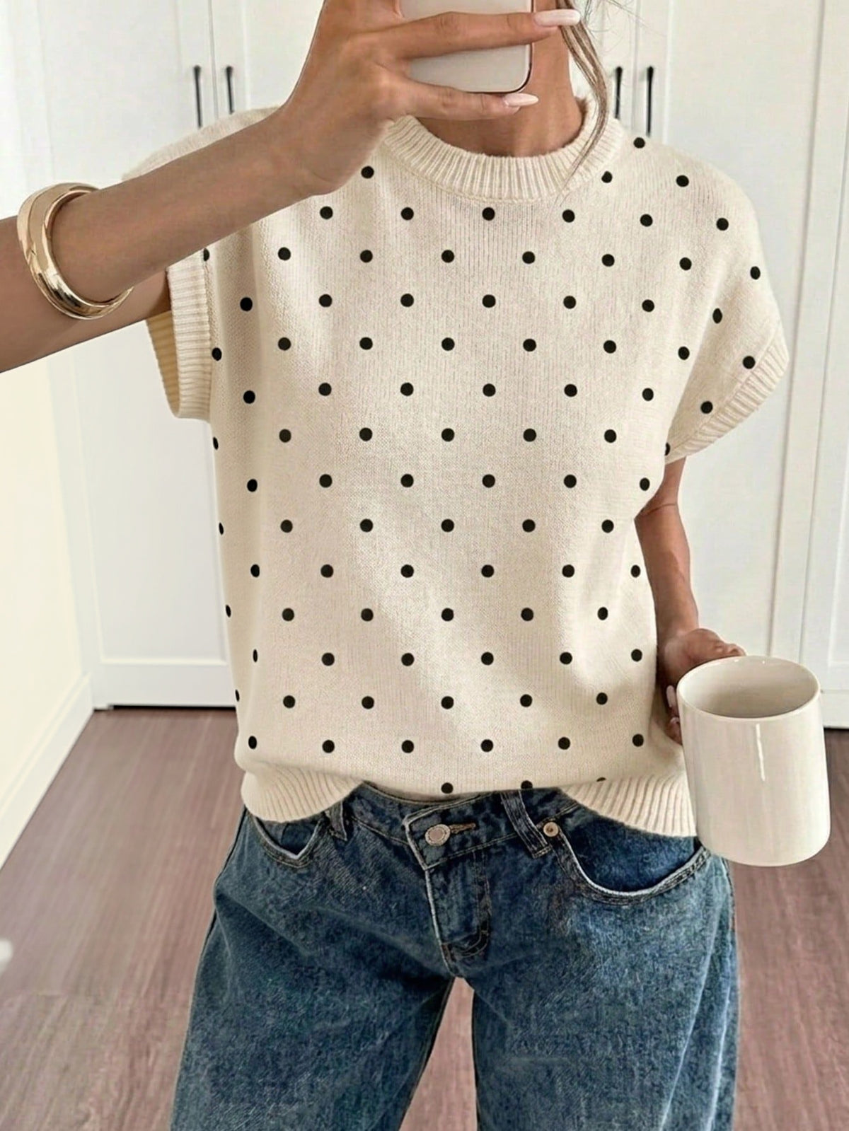Polka Dot Cap Sleeve Knit Sweater - Beige