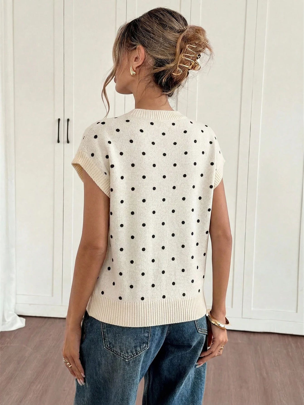 Polka Dot Cap Sleeve Knit Sweater - Beige - 1