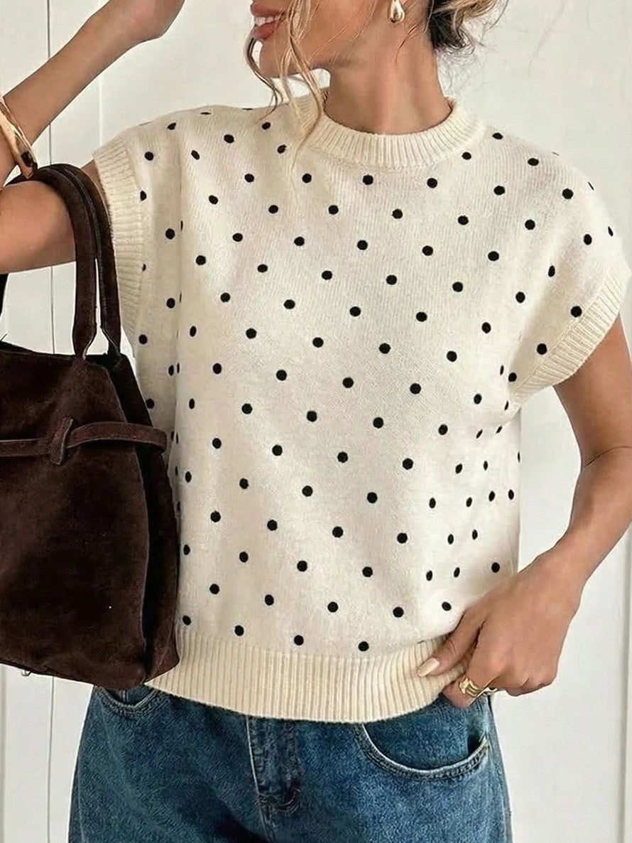 Polka Dot Cap Sleeve Knit Sweater - Beige - 2