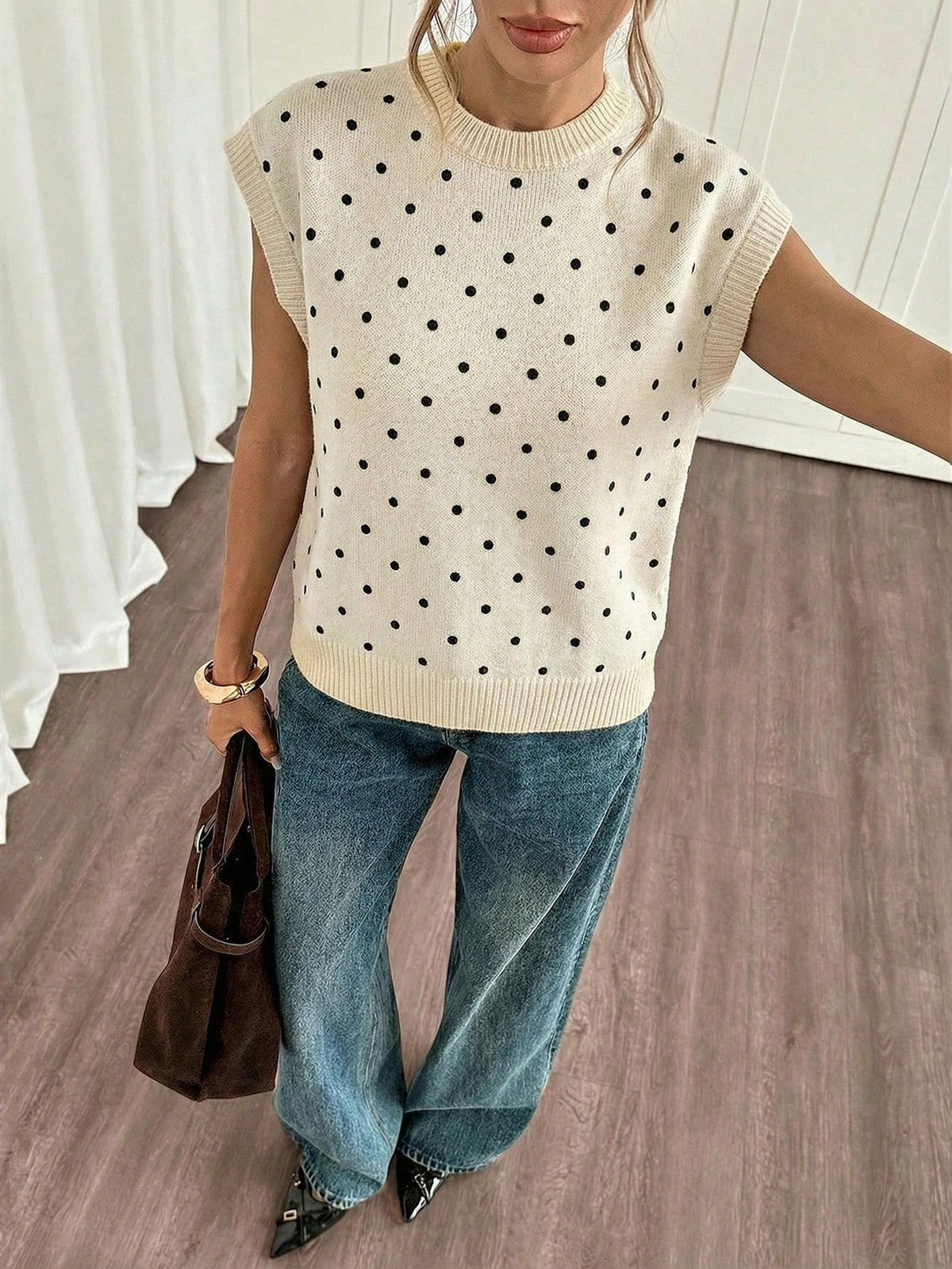Polka Dot Cap Sleeve Knit Sweater - Beige - 4