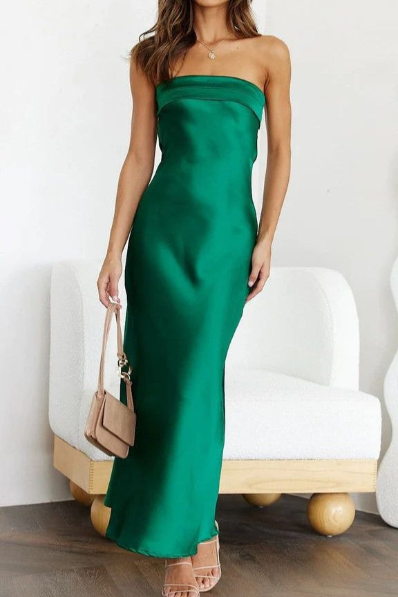 Strapless Satin Column Maxi Dress - Green - 1