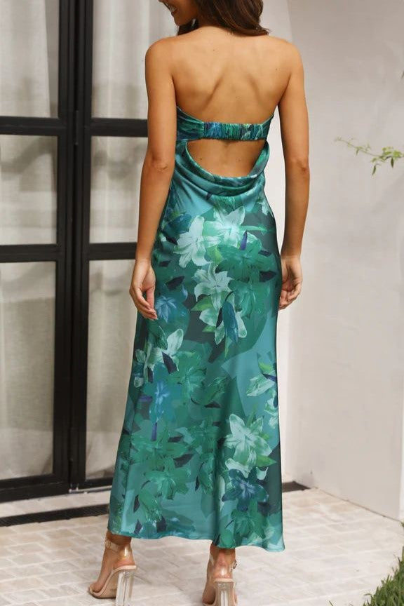 Strapless Satin Column Maxi Dress - GreenPrint - 2