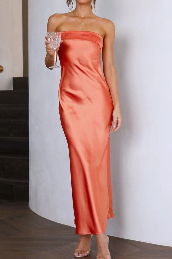 Strapless Satin Column Maxi Dress - Orange