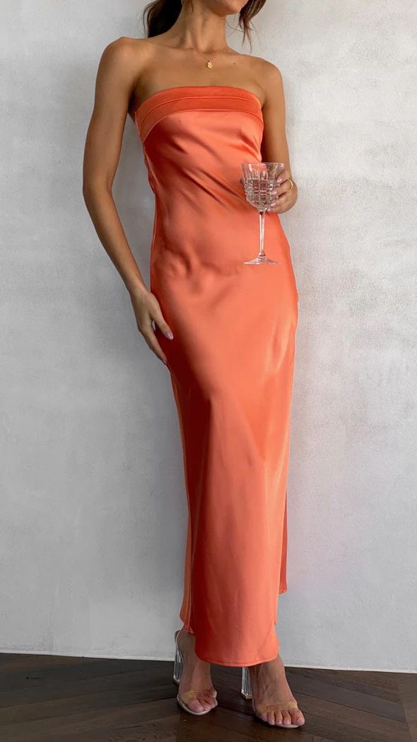 Strapless Satin Column Maxi Dress - Orange - 1